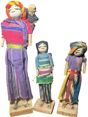VTG Authentic Guatemalan Worry Doll Family Set - 8" & 5", 5”Folk Art - Like New